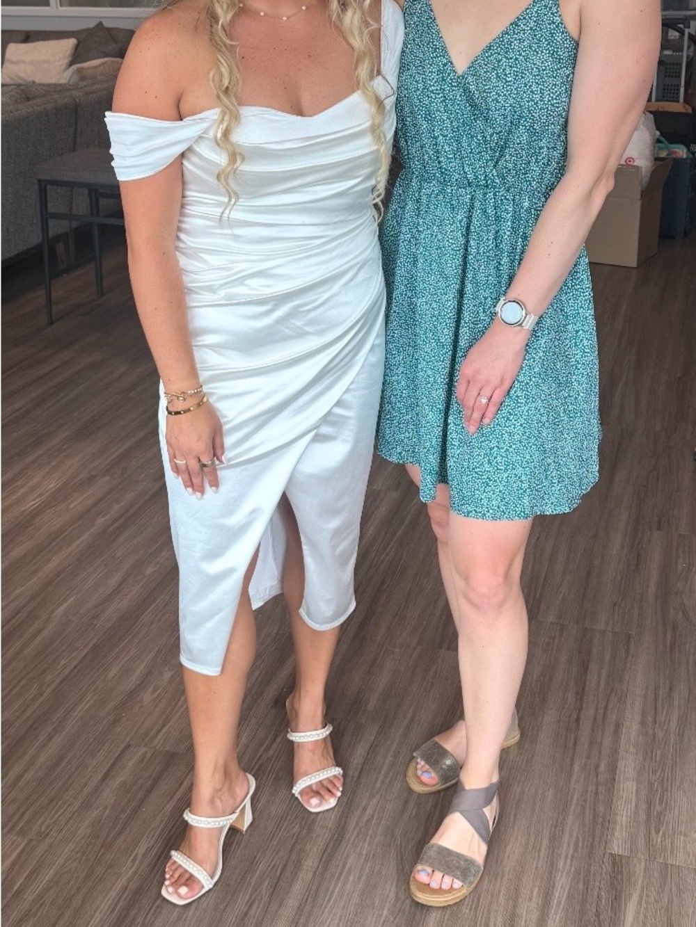 Honey and Rosie White Off-Shoulder Ruched Satin Midi Dress